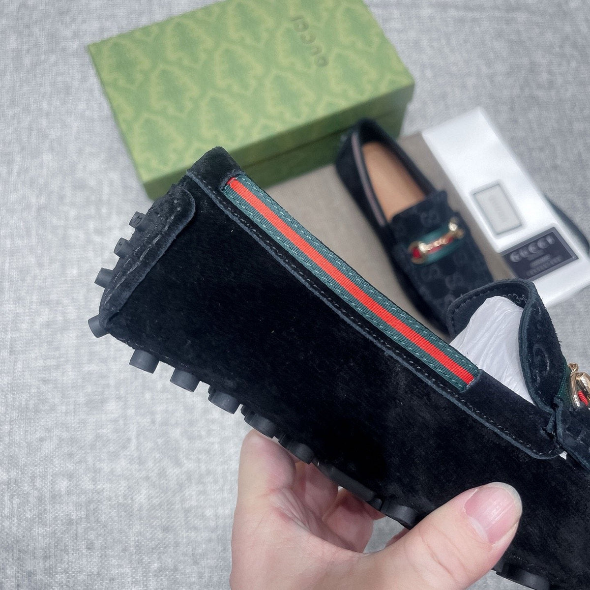 Gucci Black Patterned Loafers with Green and Red Accents — side