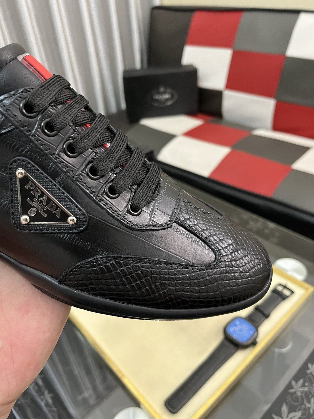 Prada Black Textured Low-Top Sneakers — detail