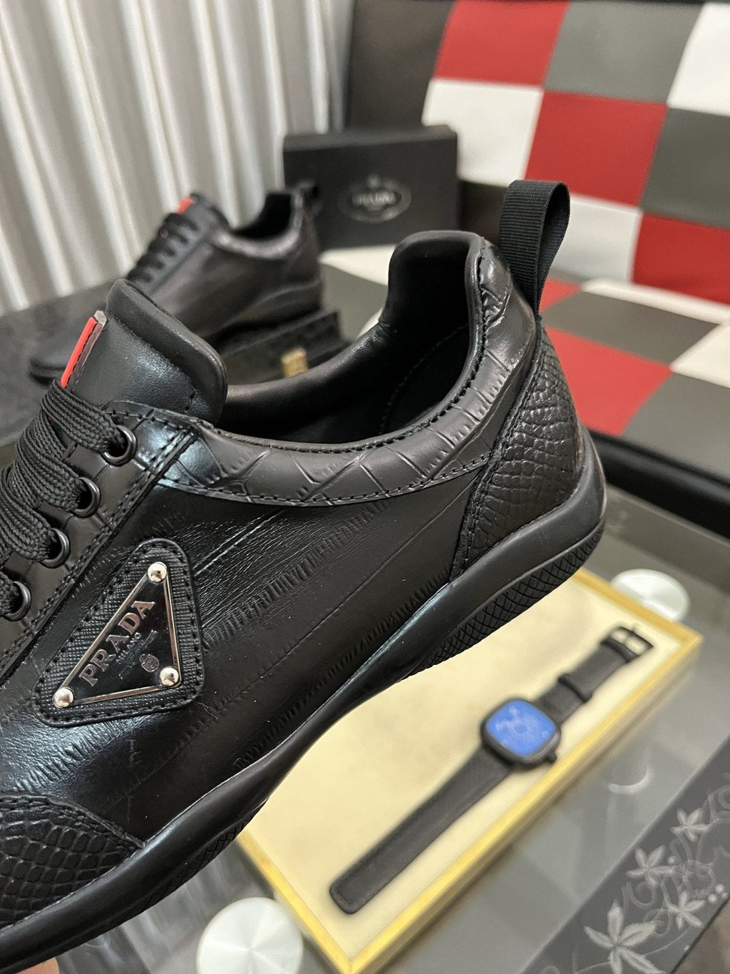 Prada Black Textured Low-Top Sneakers — detail