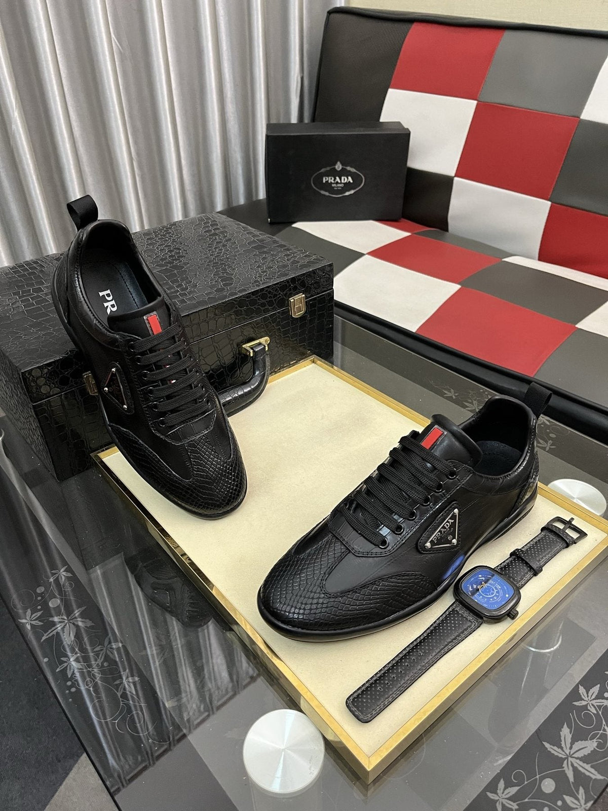 Prada Black Textured Low-Top Sneakers — front
