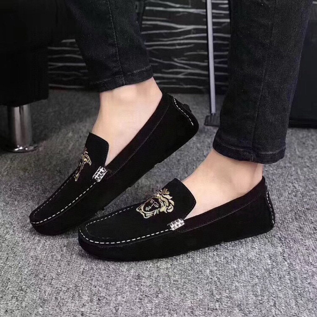 Versace Black Loafers with Gold Embroidery — model