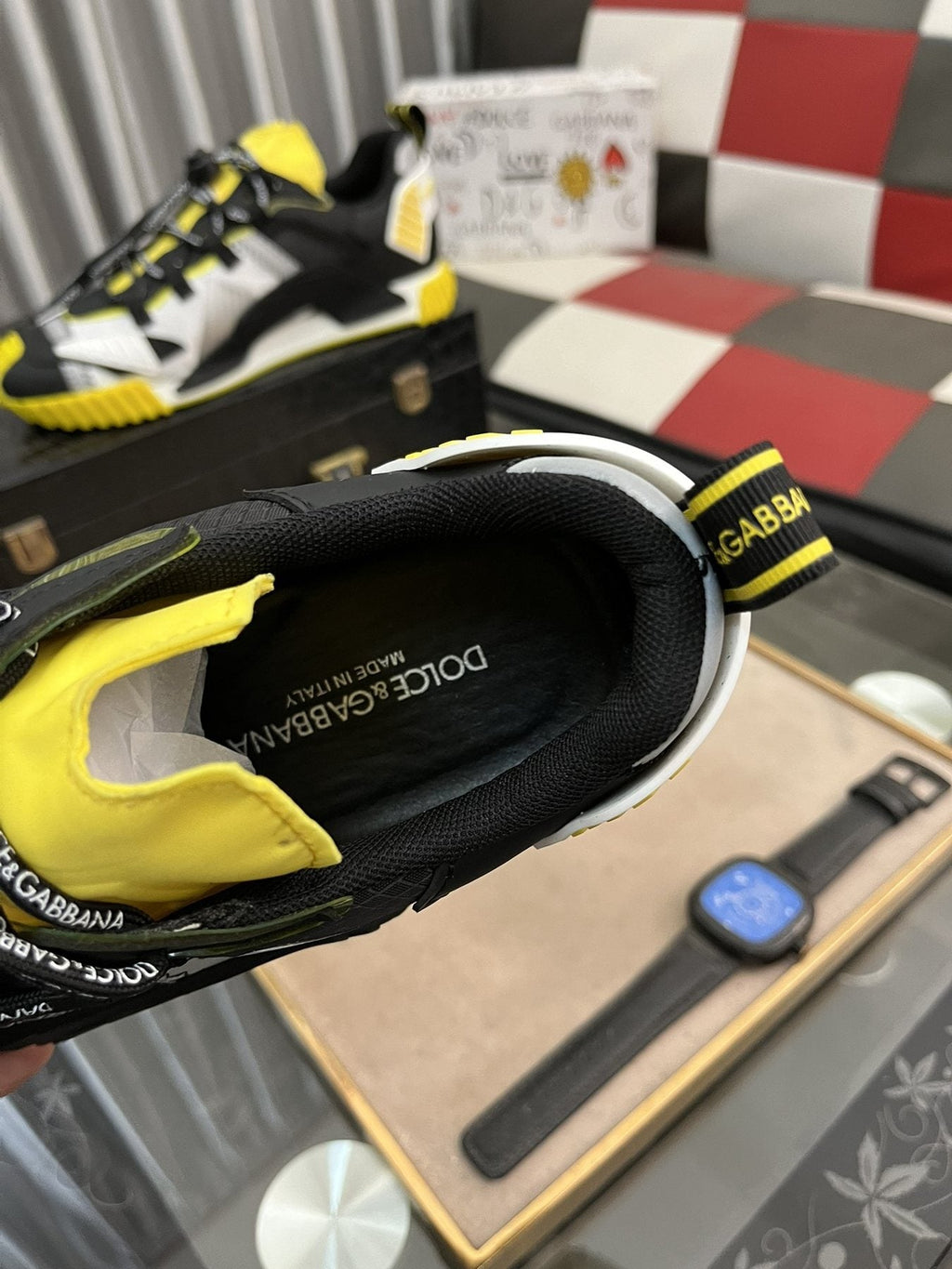 Dolce & Gabbana Black, White & Yellow Chunky Sneakers — detail