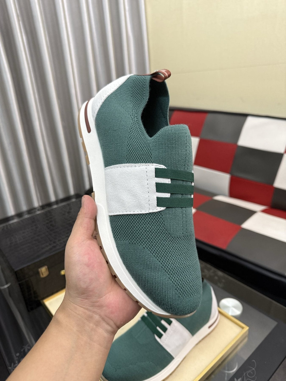 Men's Teal Green Slip-On Sneakers with White Band — model