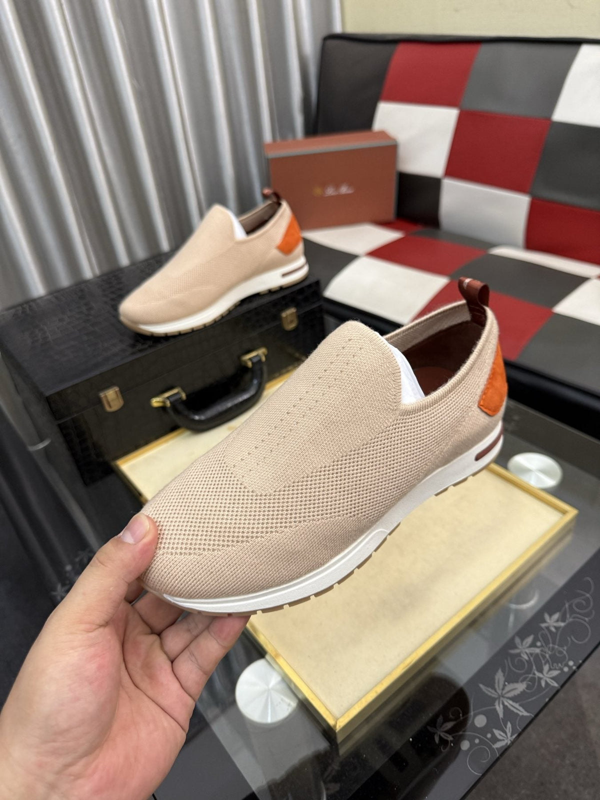 Men's Beige Slip-On Sneakers with Orange-Brown Heel Accent — model