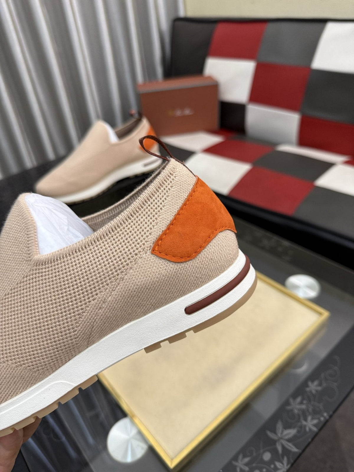 Men's Beige Slip-On Sneakers with Orange-Brown Heel Accent — detail