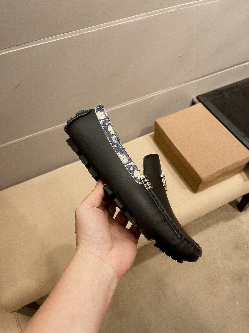 Dior Black Patterned-Trim Loafers — side