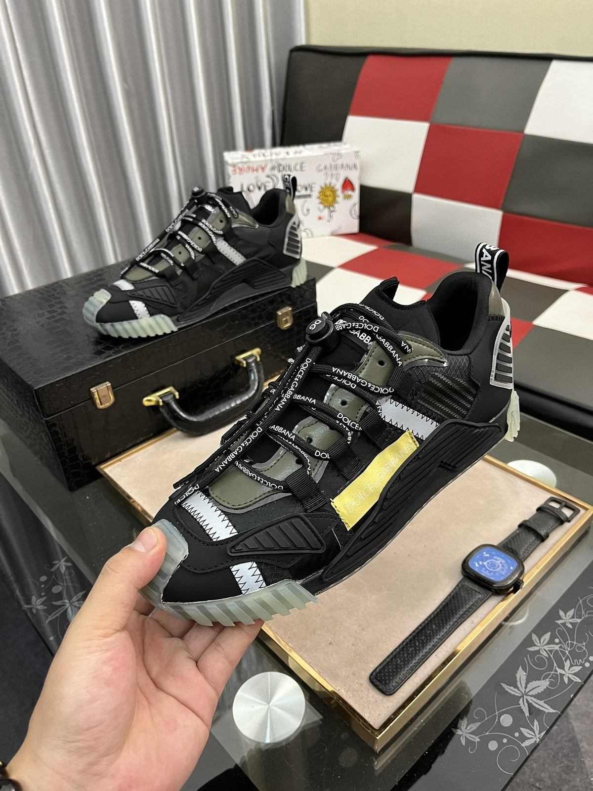 Dolce & Gabbana Black and Gray Sneakers with Yellow Accent — model