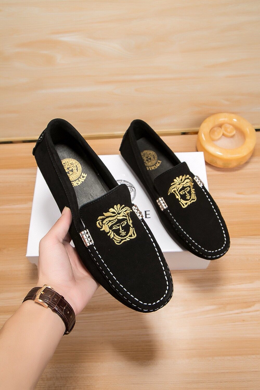Versace Men's Gold-Embroidered Loafers — model