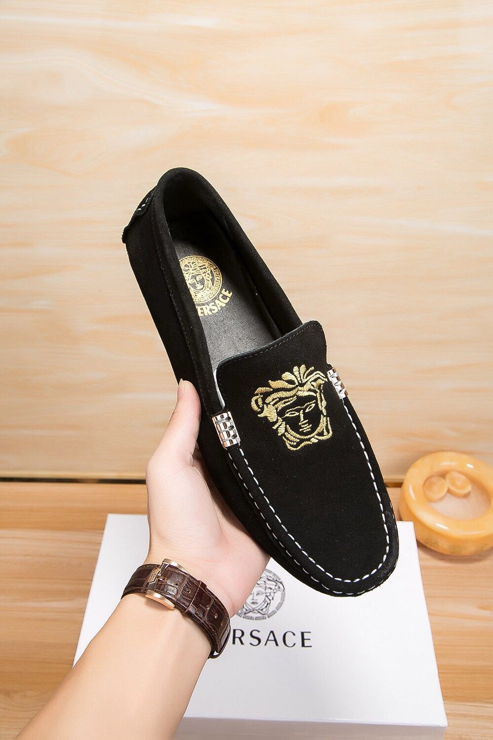 Versace Men's Gold-Embroidered Loafers — model