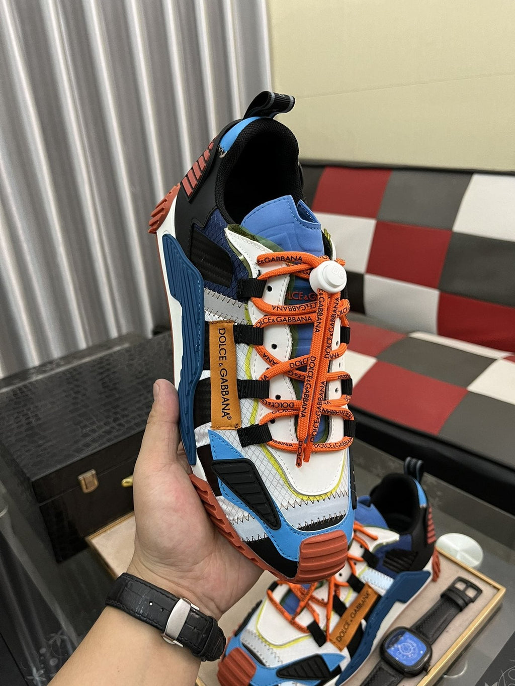 Dolce & Gabbana Colorblock Sneakers with Orange Laces — model