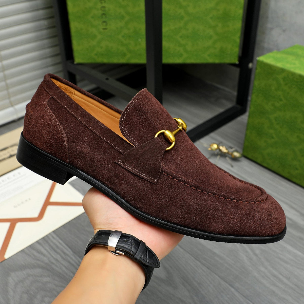 Gucci Dark Brown Horsebit Loafers — model