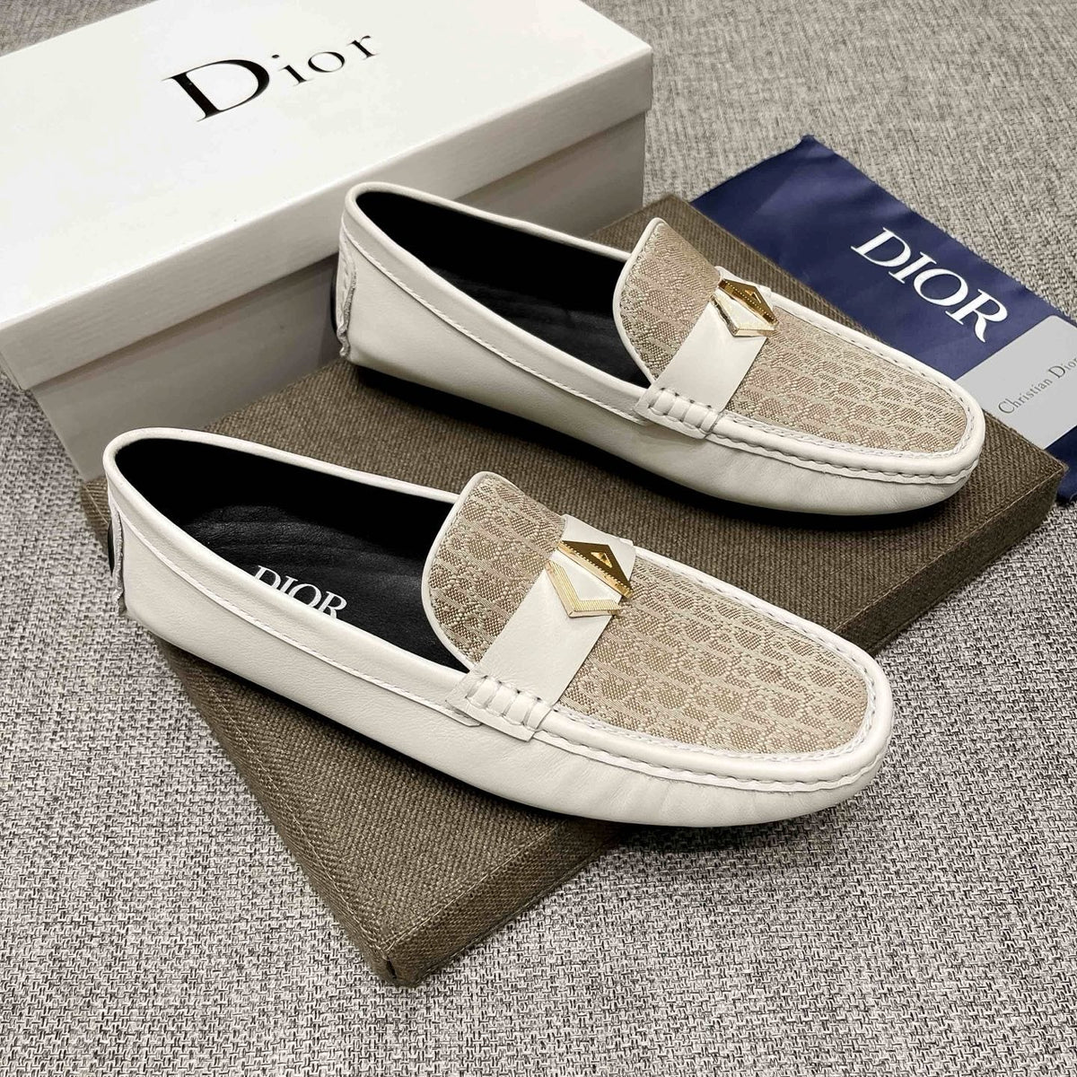Dior Cream and Beige Patterned Loafers — hero