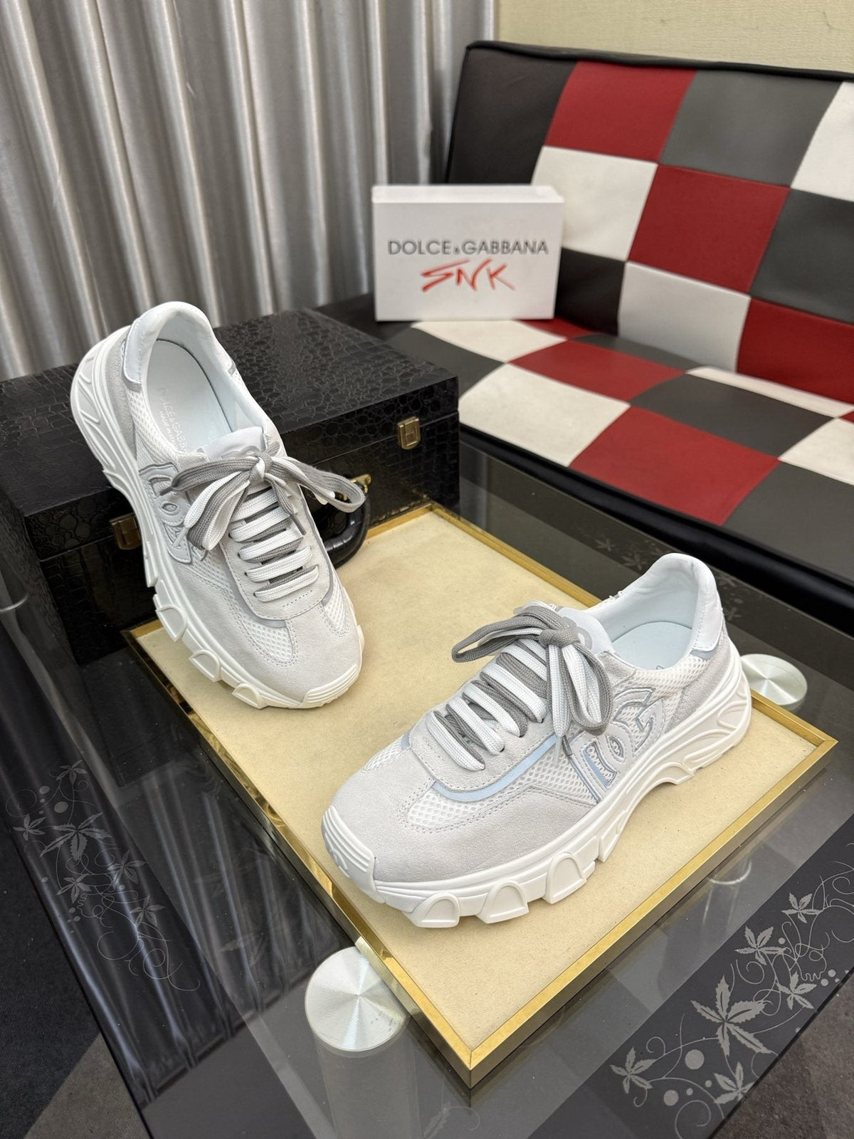 Dolce & Gabbana White and Light Gray Chunky Sneakers — front