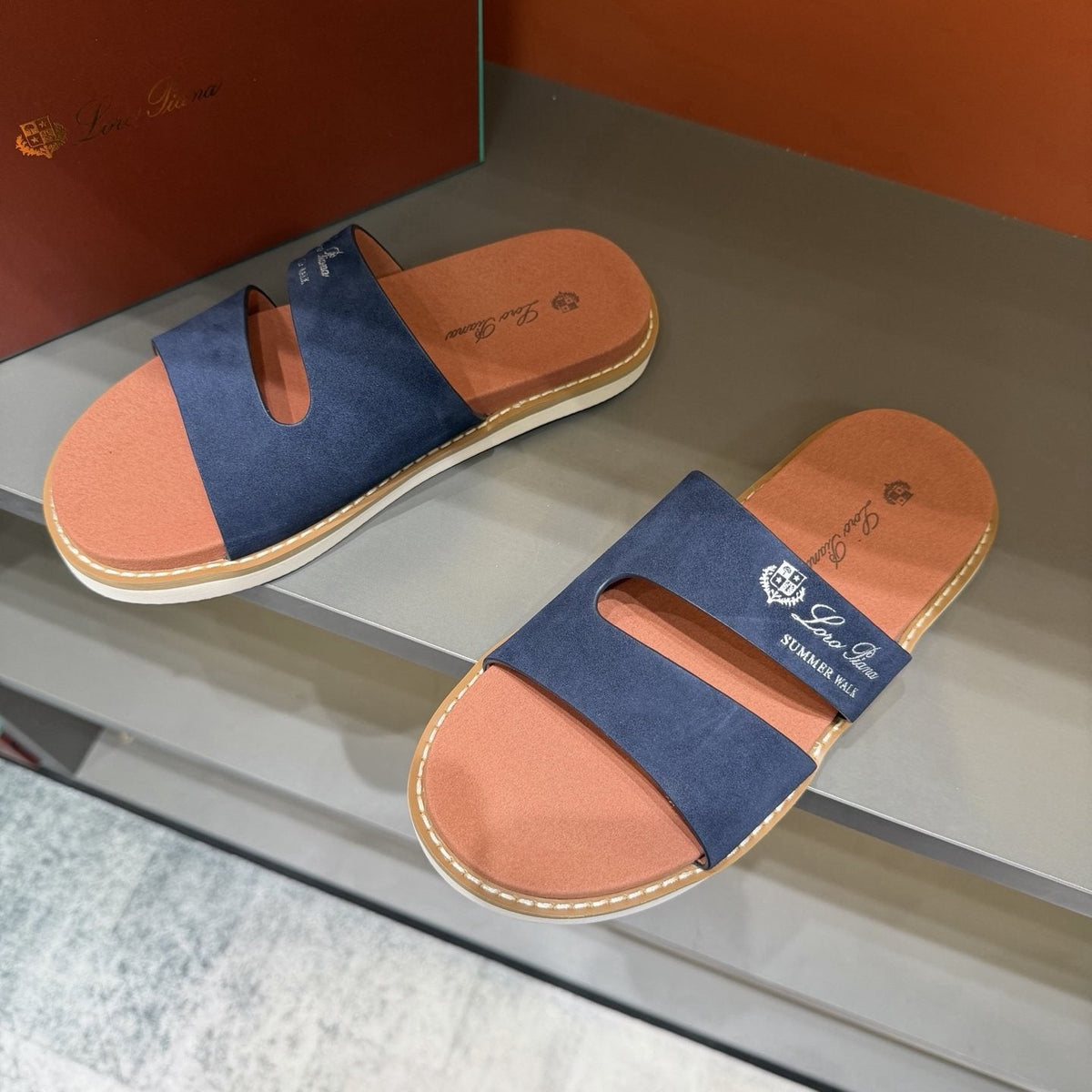Loro Piana Navy Cutout Slide Sandals — front