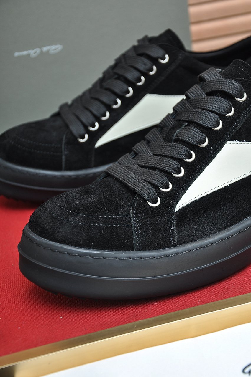 Rick Owens Black Low-Top Sneakers with White Side Panels — detail