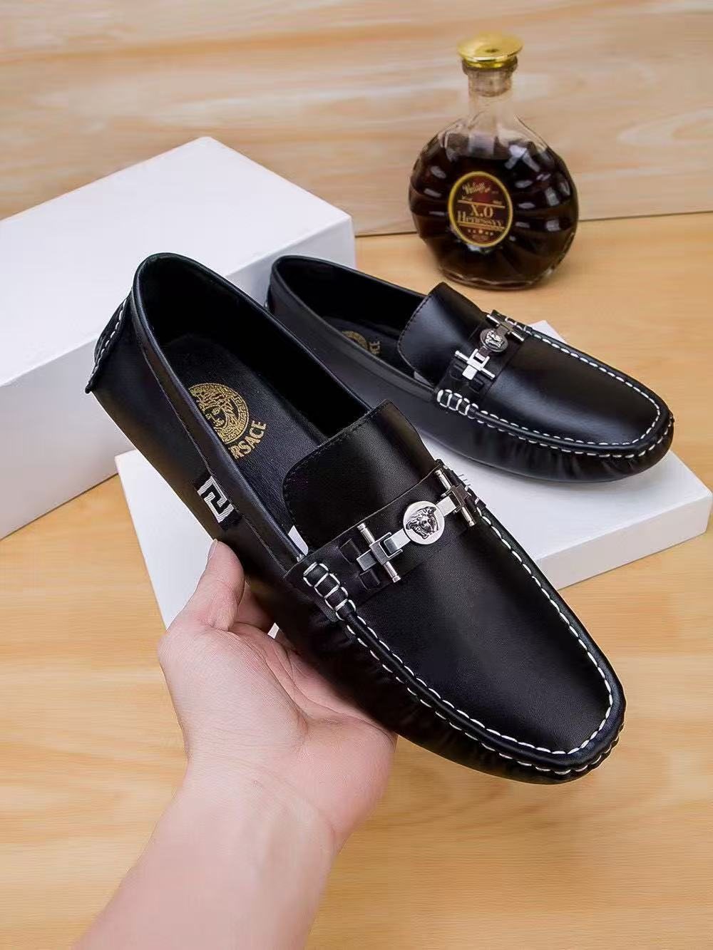 Versace Black Metal-Accent Loafers — model