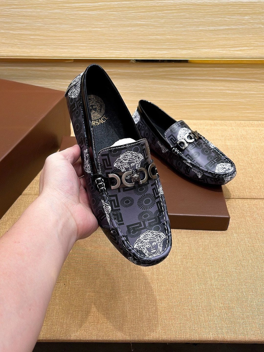 Versace Black and Gray Patterned Loafers — model
