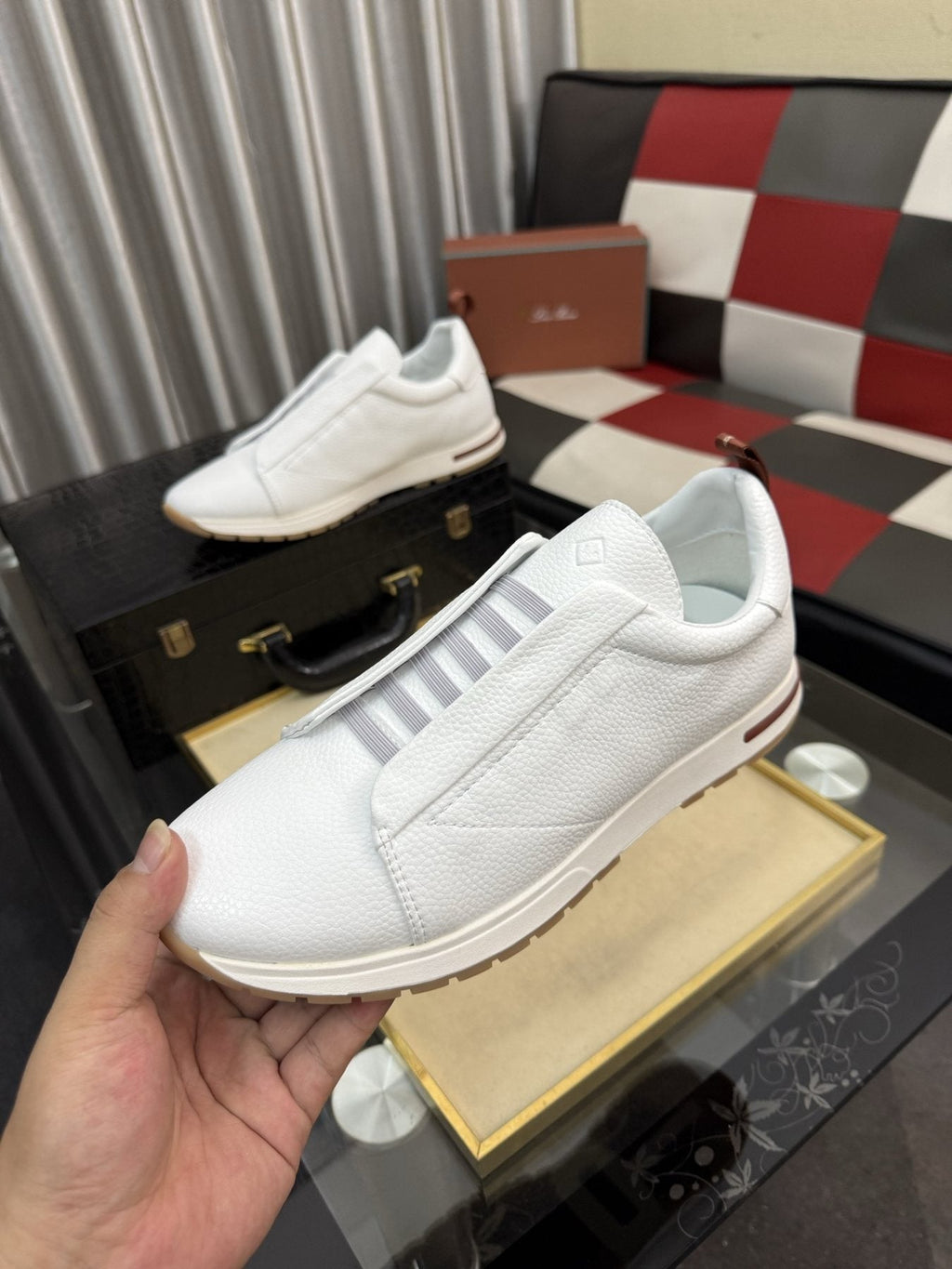 Men's White Slip-On Sneakers with Gray Bands — model