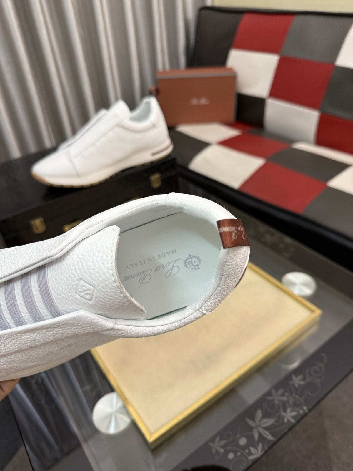 Men's White Slip-On Sneakers with Gray Bands — detail
