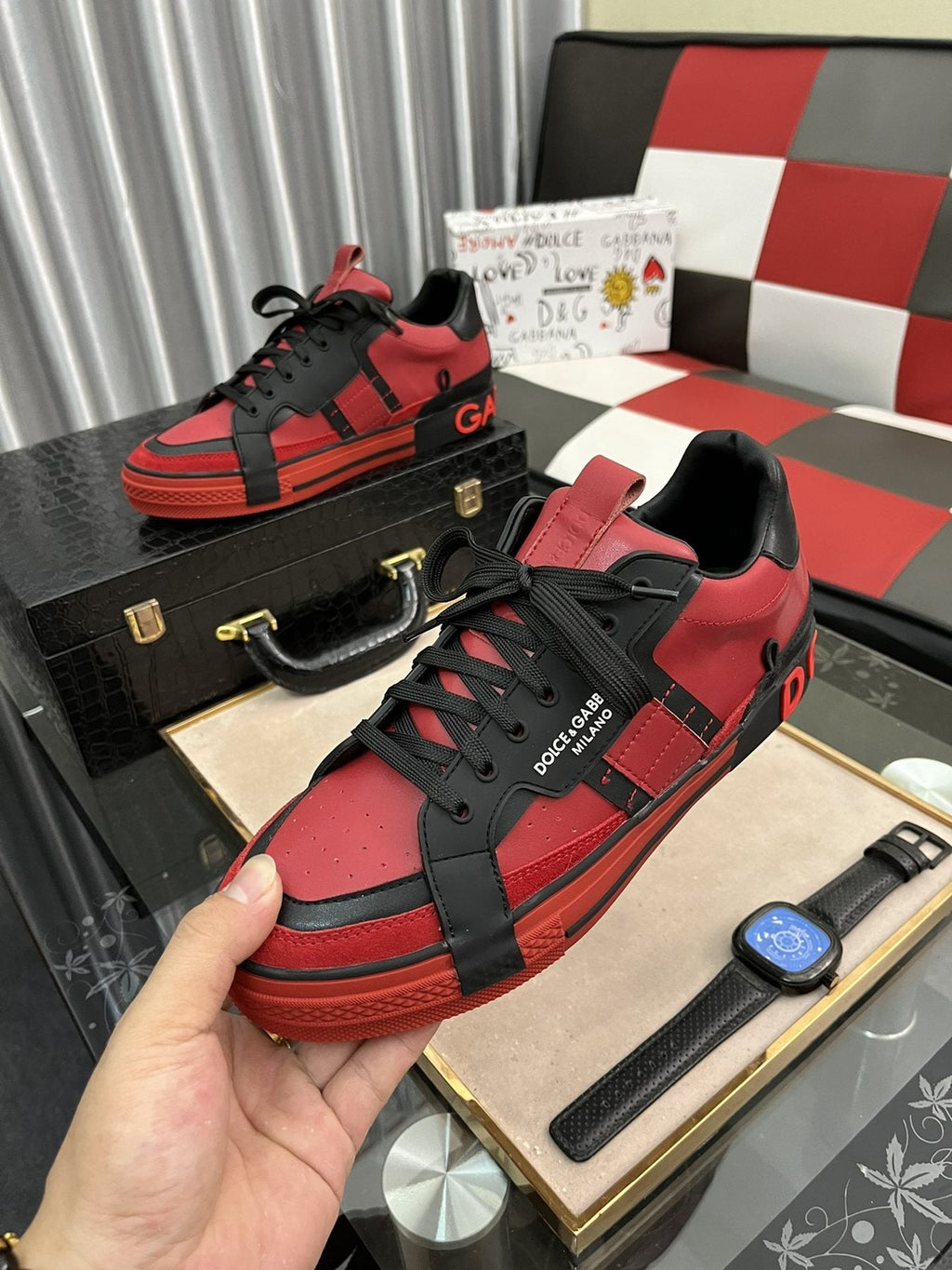 Dolce & Gabbana Red and Black Panel Sneakers — model