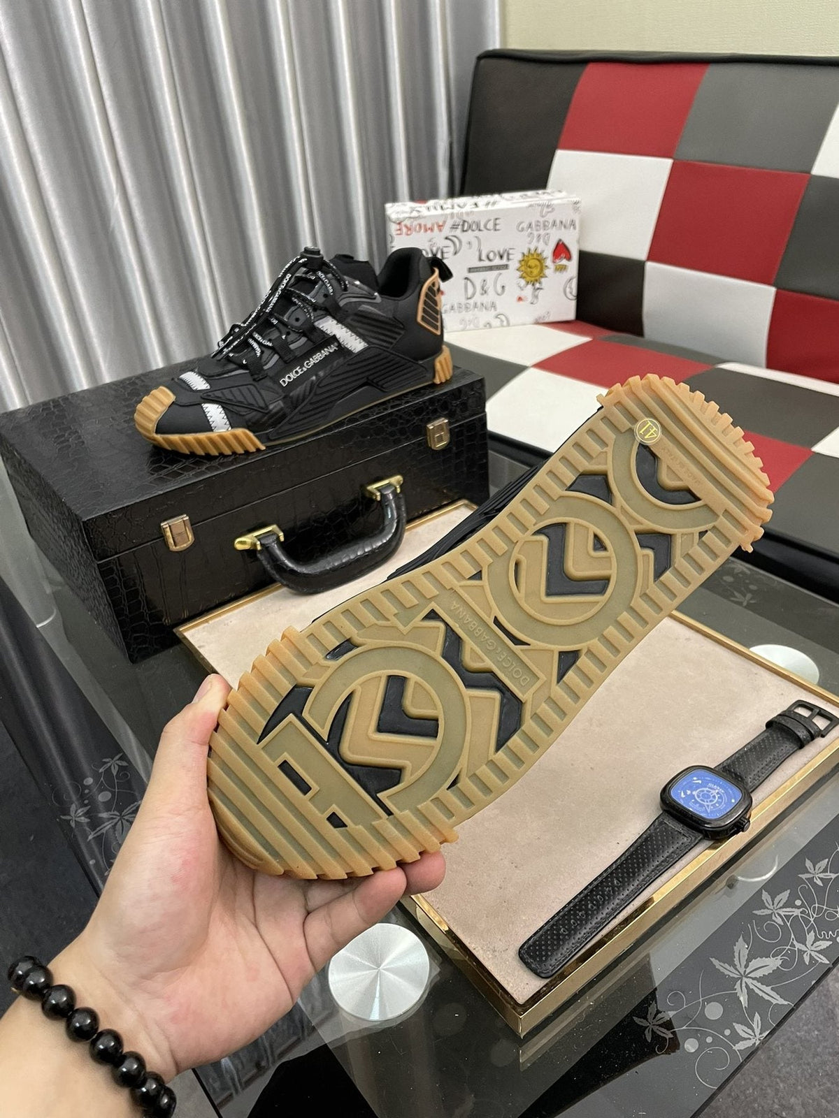 Dolce & Gabbana Black and Gray Lace-Up Sneakers — detail