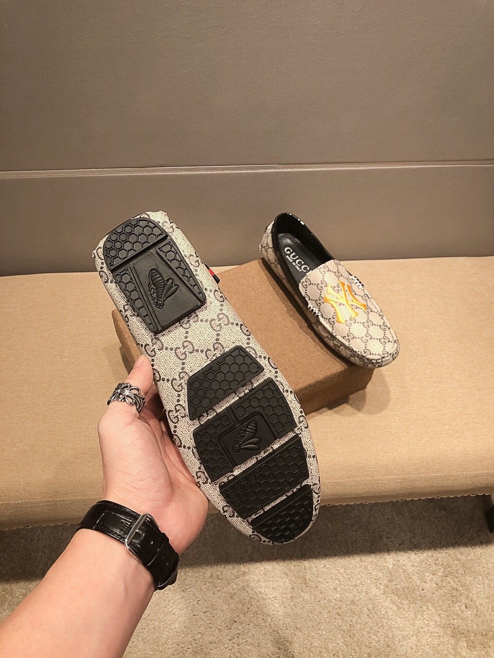 Gucci Beige Patterned Embroidered Loafers — back