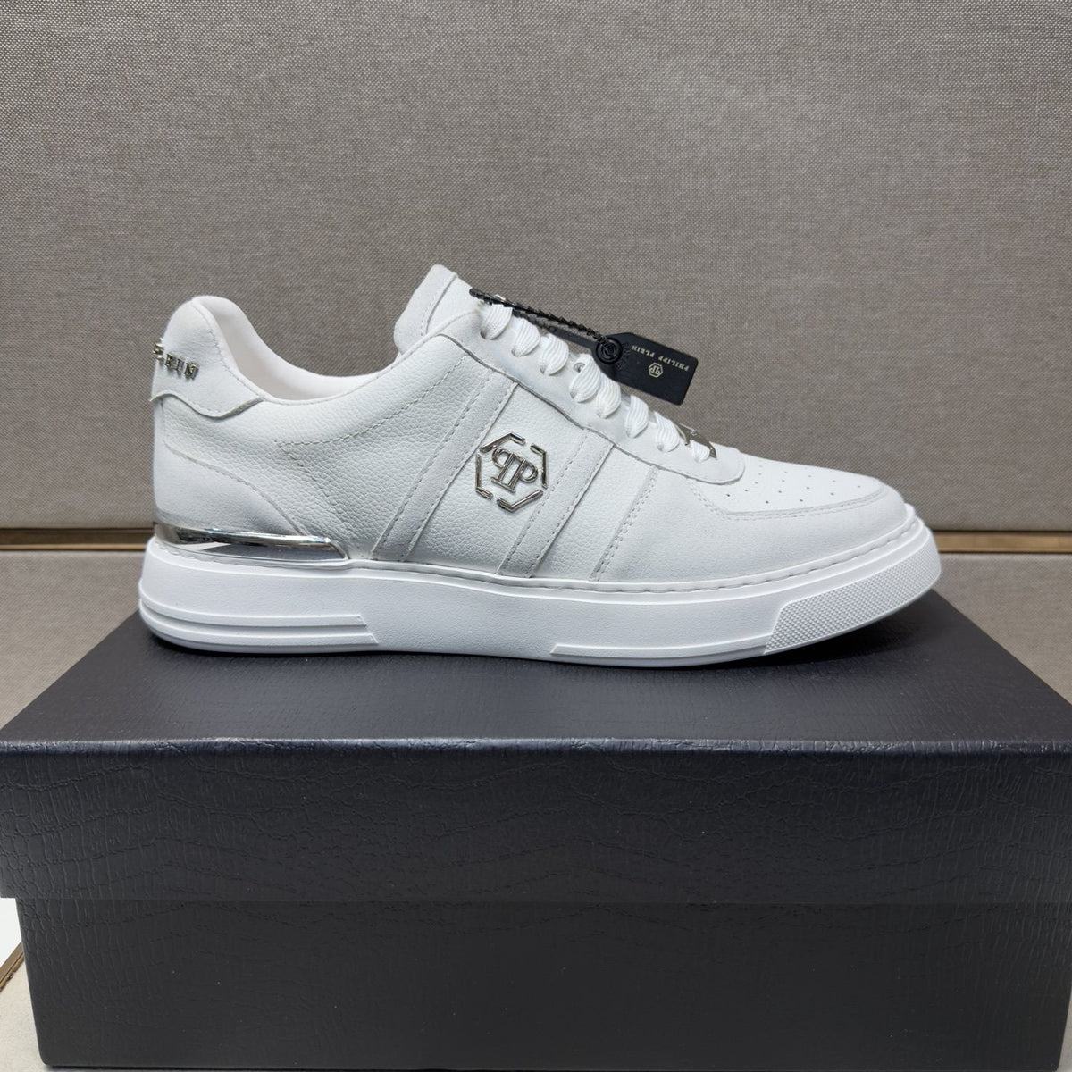 Philipp Plein White Low-Top Sneakers with Silver Accents — side