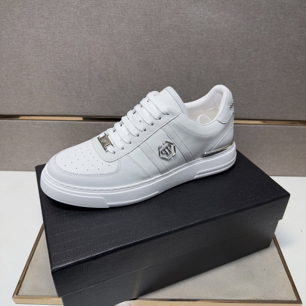 Philipp Plein White Low-Top Sneakers with Silver Accents — front