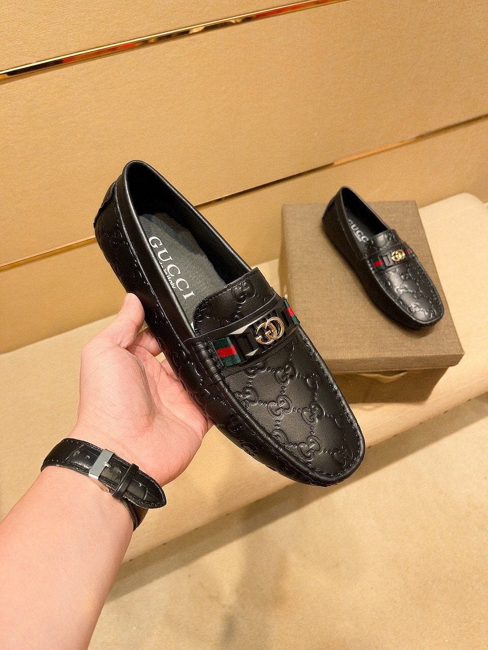Gucci Black Embossed Loafers — model