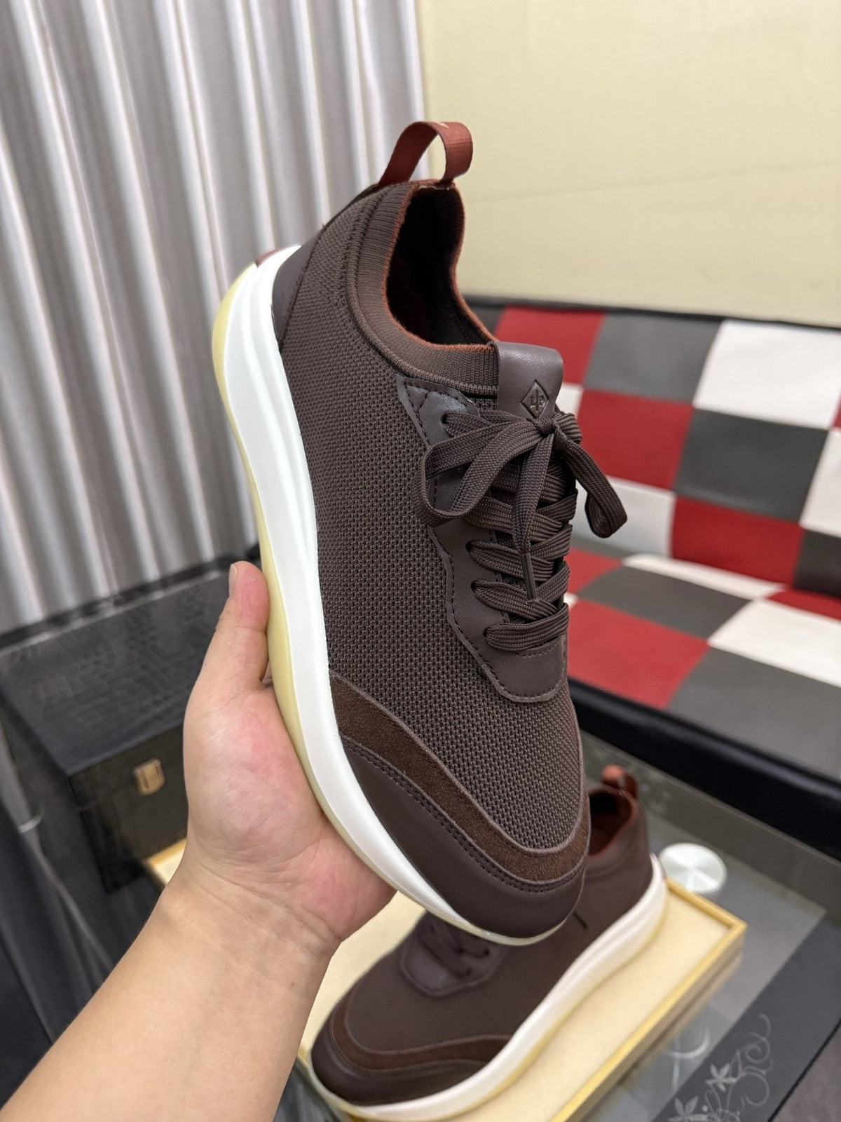 Dark Brown Layered Lace-Up Sneakers — model