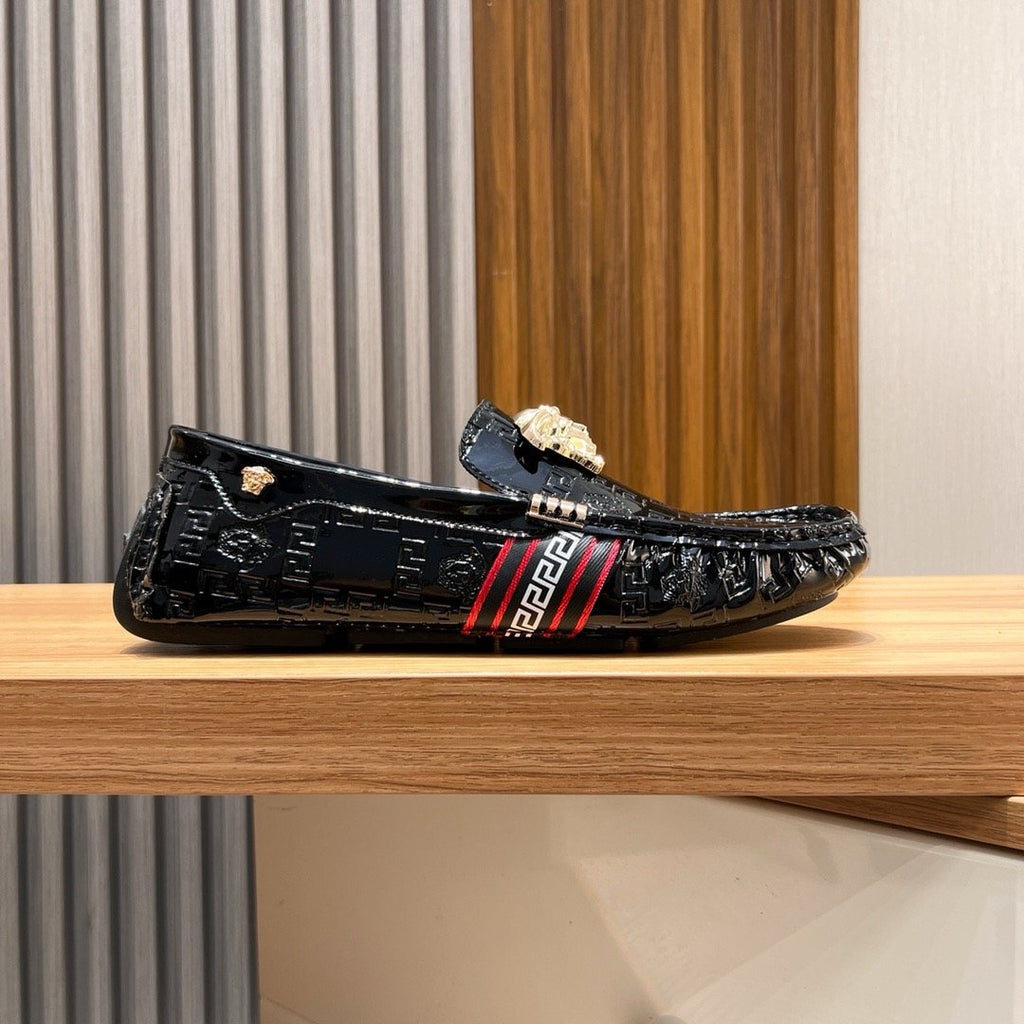 Versace Black Patterned Loafers with Gold-Tone Ornament — side