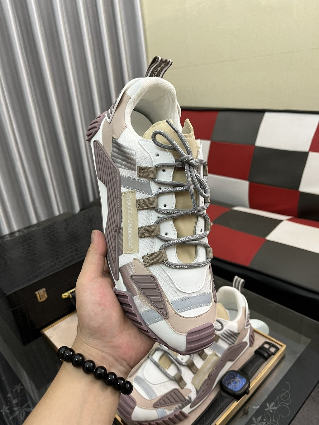 Dolce & Gabbana Cream and Mauve Chunky Sneakers — model