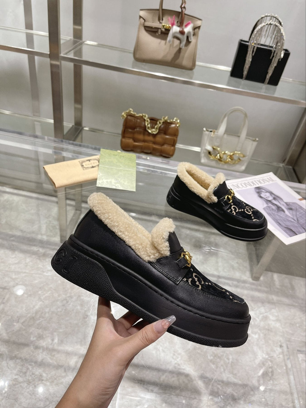 Gucci Patterned Plush-Lined Slip-On Shoes — model