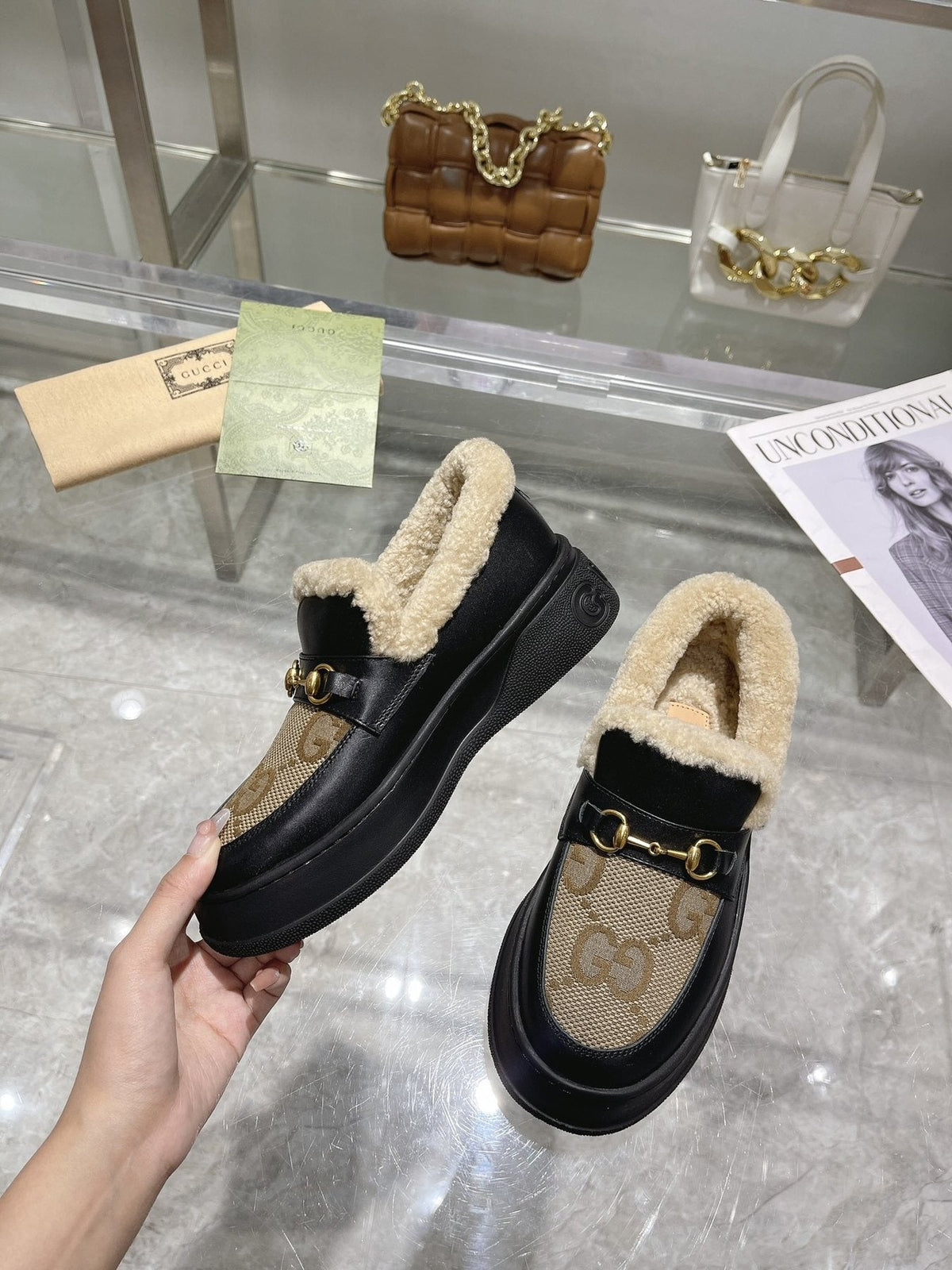 Gucci Patterned Plush-Trim Slip-On Snow Boots — model
