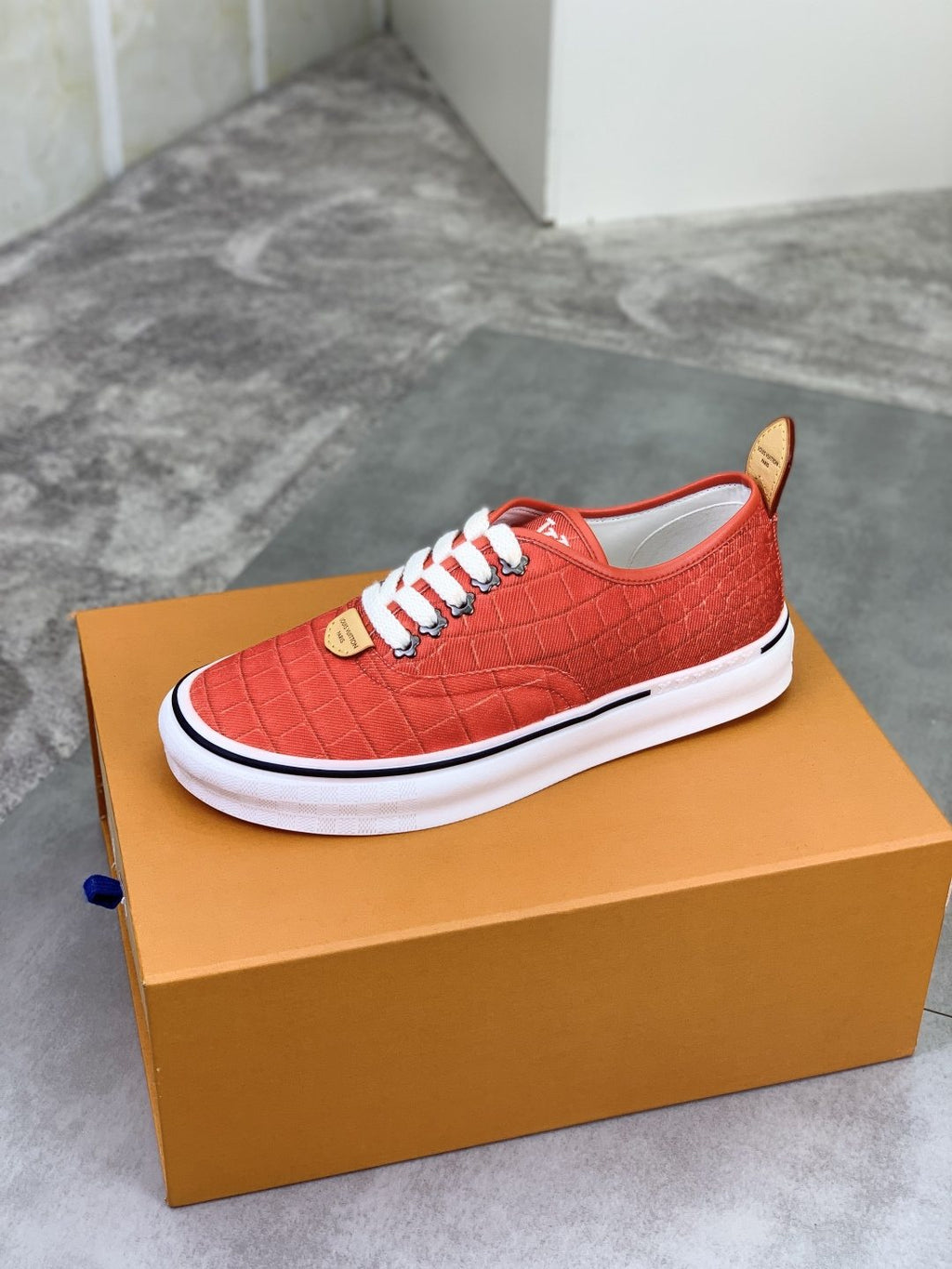 Louis Vuitton Coral Red Textured Low-Top Sneakers — side