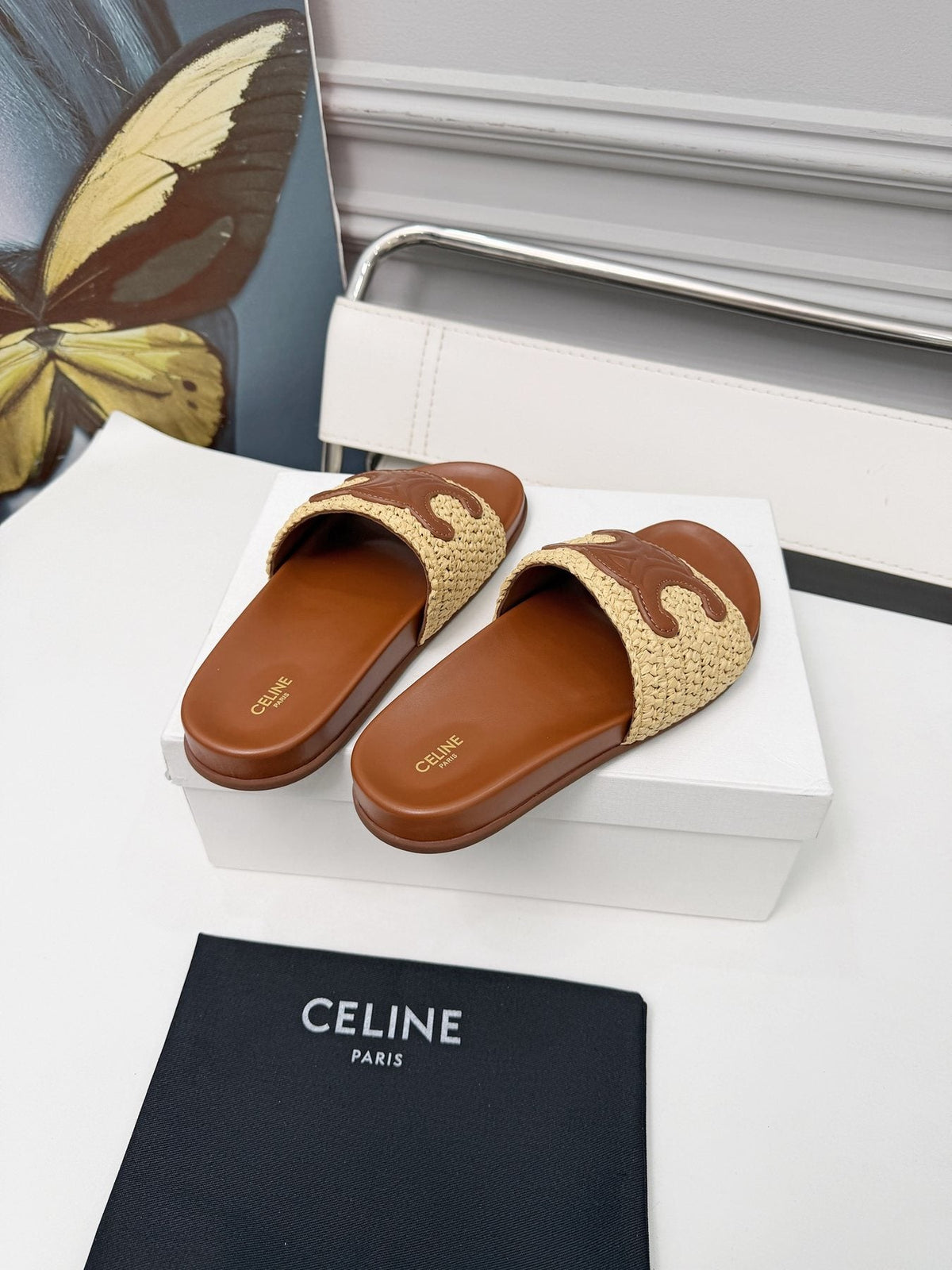 Celine Woven Emblem Slide Sandals — front