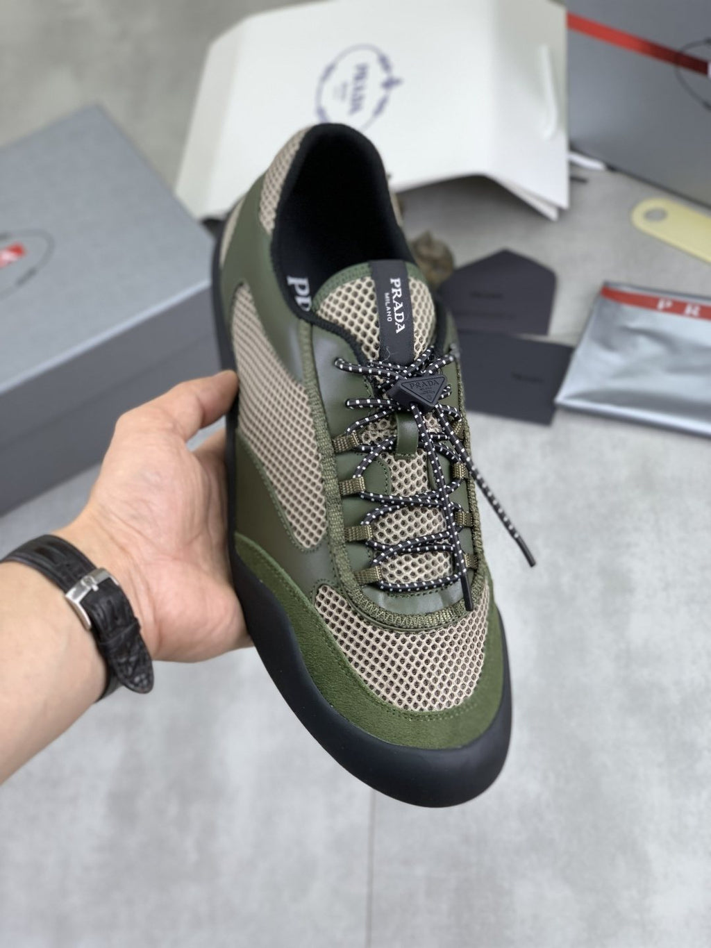 Prada Layered Mesh Lace-Up Sneakers — model