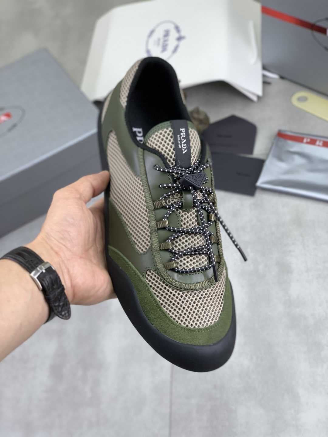 Prada Layered Mesh Lace-Up Sneakers — model