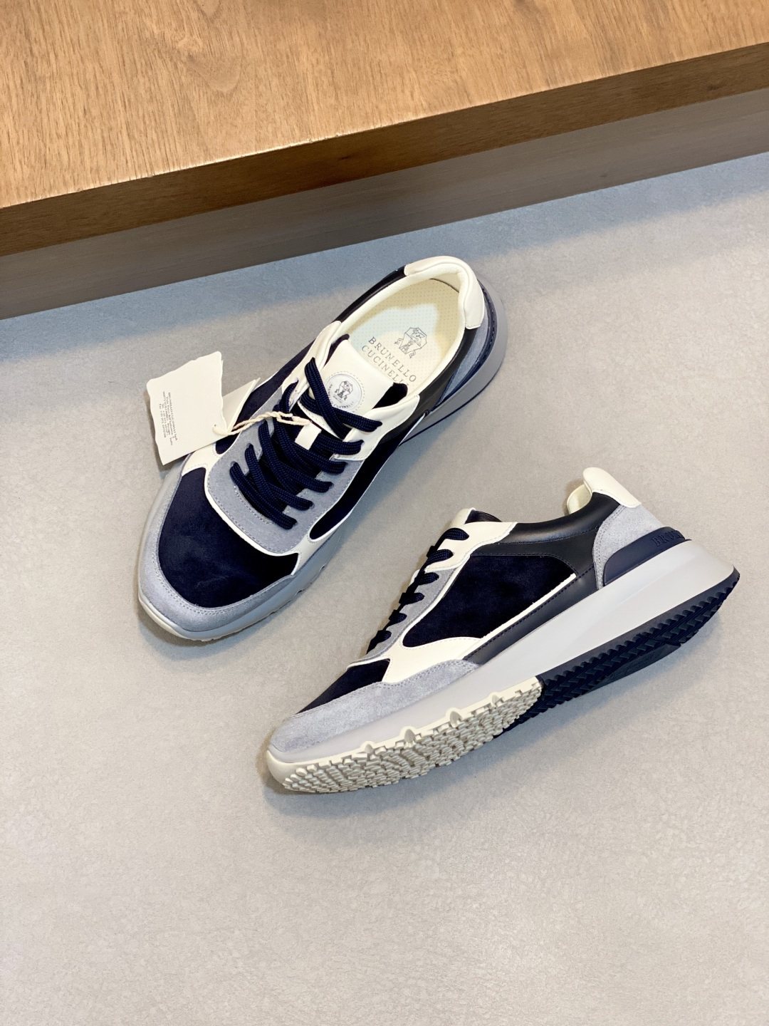 Brunello Cucinelli Navy and Gray Low-Top Sneakers — front