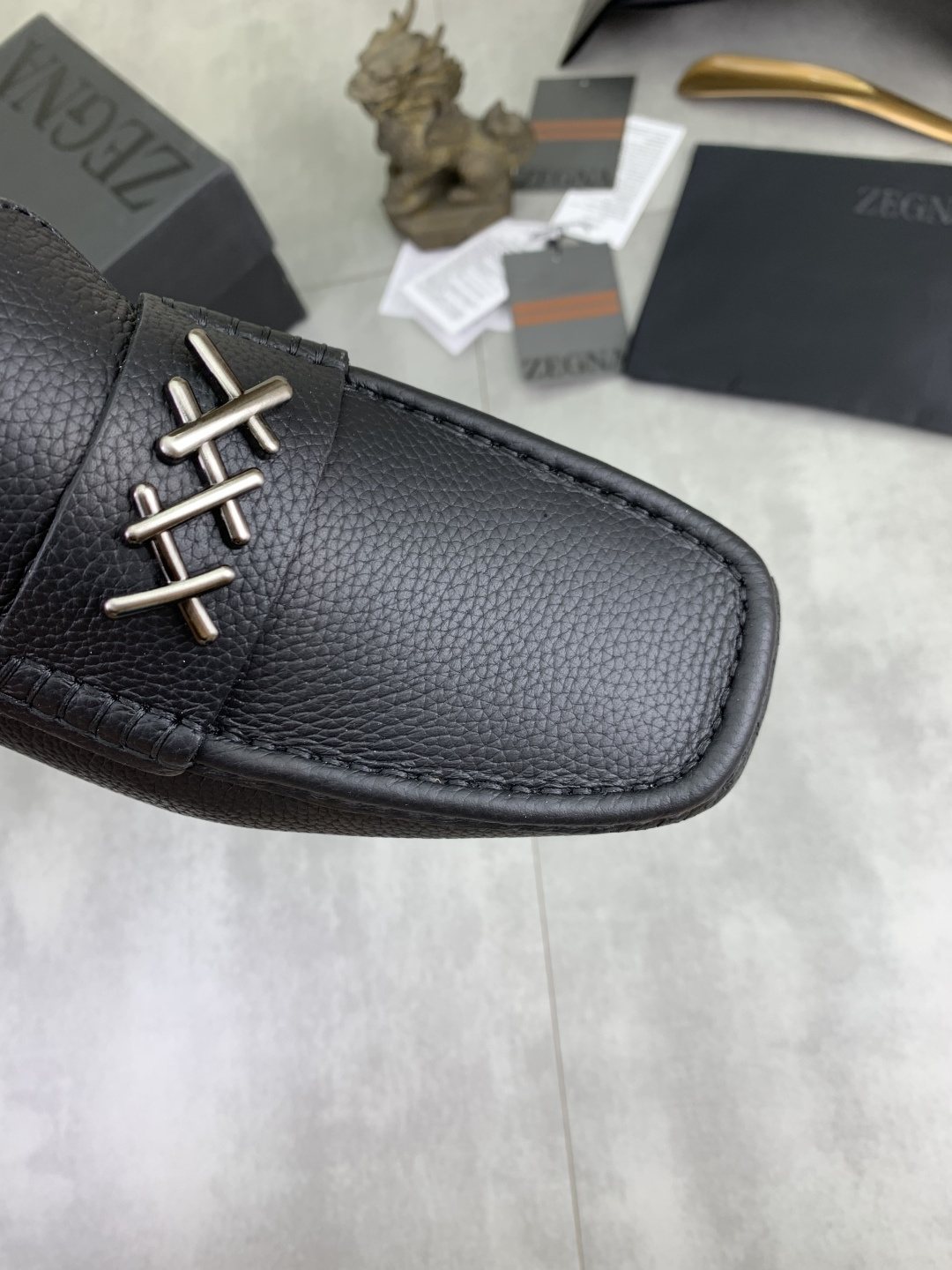Zegna Square-Toe Leather Loafers with X Accents — detail