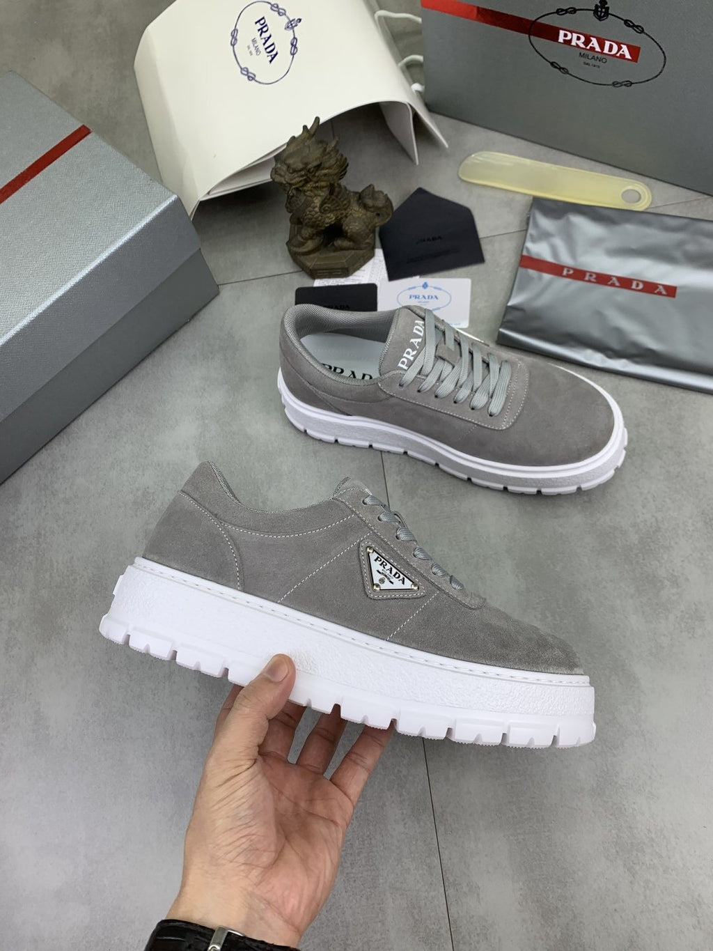 Prada Men's Lace-Up Sneakers with Ridged Soles — model