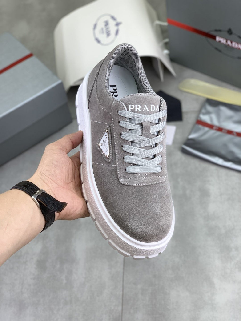 Prada Men's Lace-Up Sneakers with Ridged Soles — model
