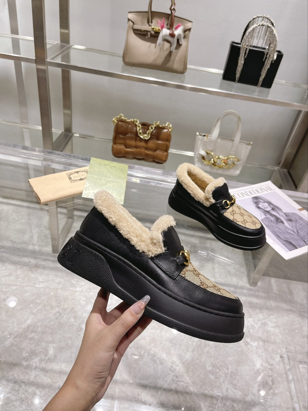 Gucci Patterned Plush-Lined Platform Slip-On Shoes — model