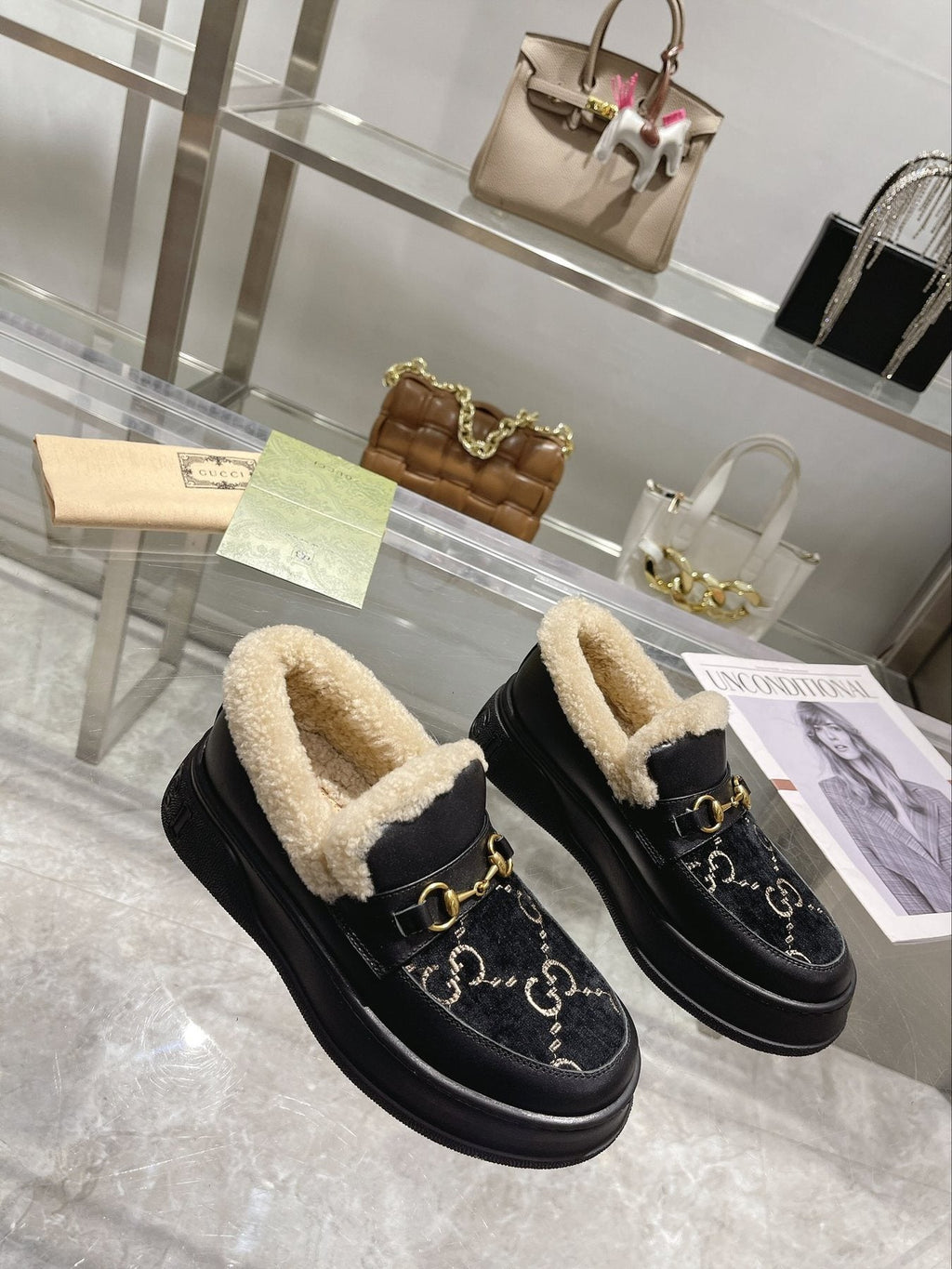 Gucci Patterned Plush-Lined Platform Slip-On Shoes — model