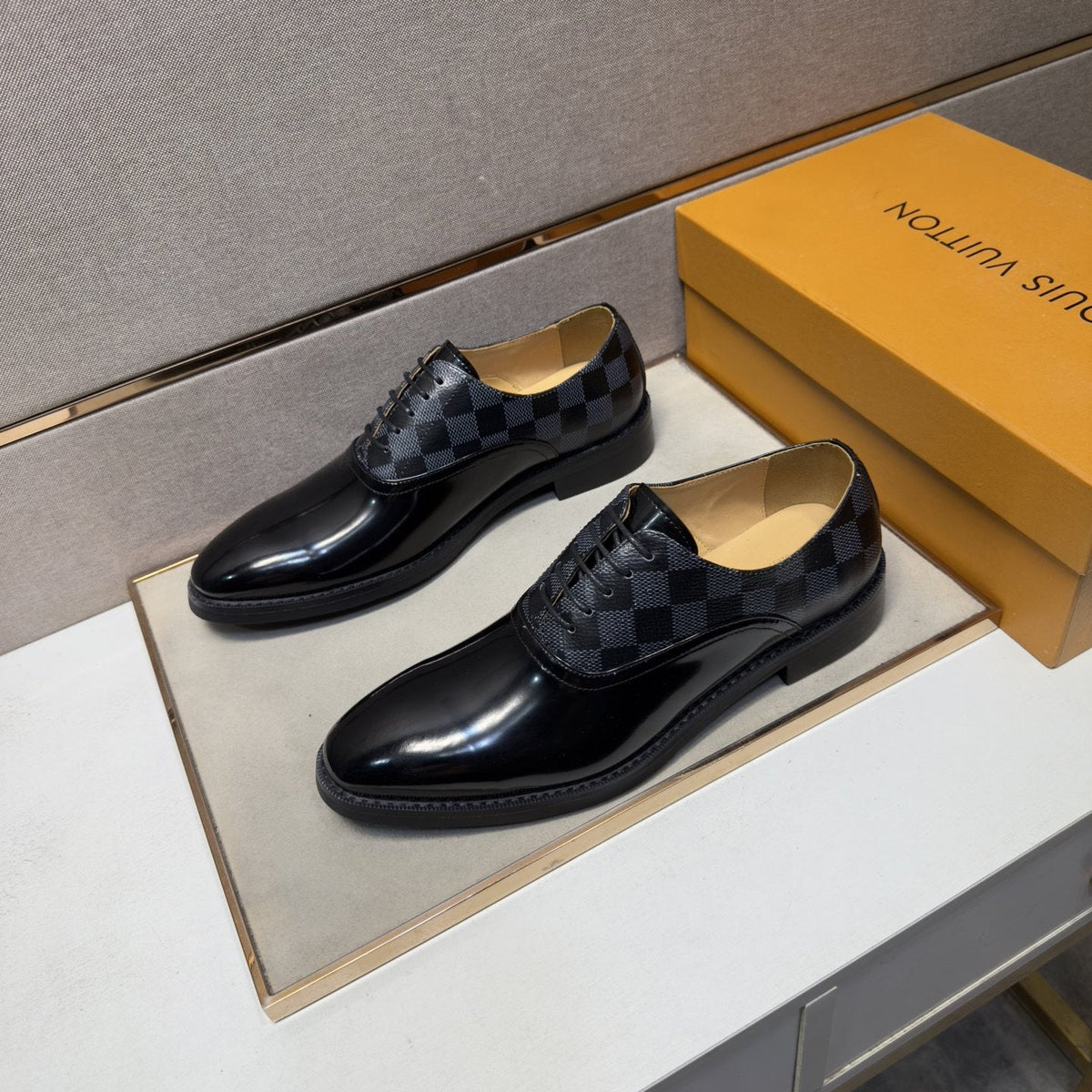 Louis Vuitton Checkered-Panel Lace-Up Dress Shoes — front